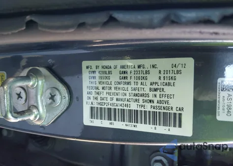 2012 Honda Accord 2.4 Lx-P z USA, uszkodzony, nr VIN 1HGCP2F49CA142460